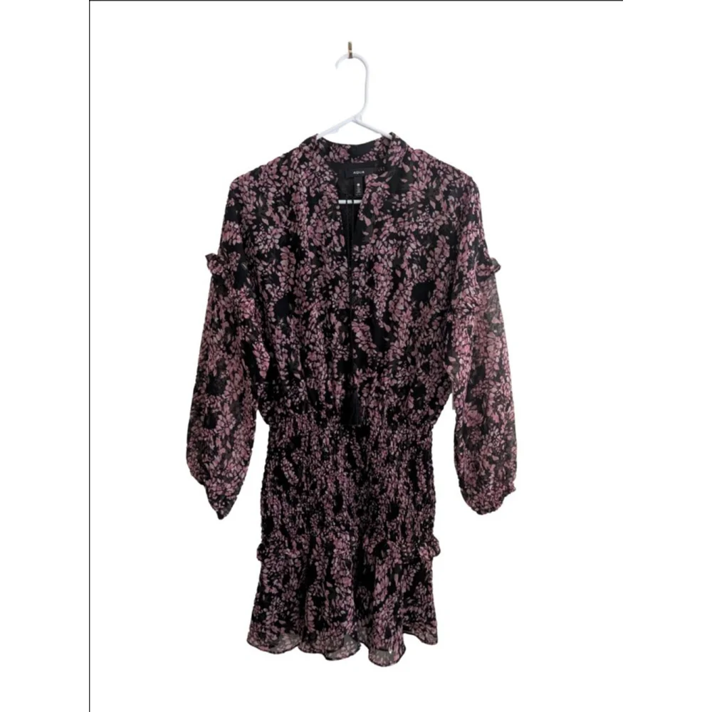 Women's AQUA Black Pink Floral Smocked Mini Dress S - Picture 4 of 9